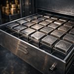 Vault drawer filled with uniform metal asset blocks bearing the Solana emblem, symbolizing tokenized stocks being listed on-chain for Wall Street