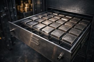 Vault drawer filled with uniform metal asset blocks bearing the Solana emblem, symbolizing tokenized stocks being listed on-chain for Wall Street