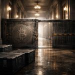 Bitcoin-marked barrier blocking a government hallway with cases left outside, symbolizing Citi lowering its price target as slow Washington policy delays impact crypto outlook