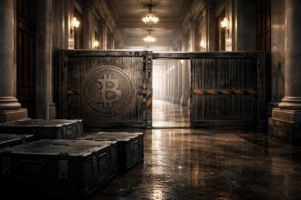 Bitcoin-marked barrier blocking a government hallway with cases left outside, symbolizing Citi lowering its price target as slow Washington policy delays impact crypto outlook