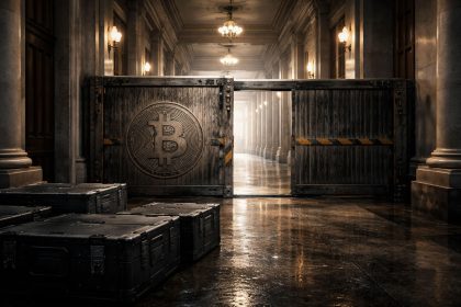 Bitcoin-marked barrier blocking a government hallway with cases left outside, symbolizing Citi lowering its price target as slow Washington policy delays impact crypto outlook
