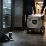 Two executives moving a secured XRP-branded case down a hallway, symbolizing a 78% collapse in XRP leverage while $1.4 billion in ETF inflows remains tied to Ripple’s expanding footprint