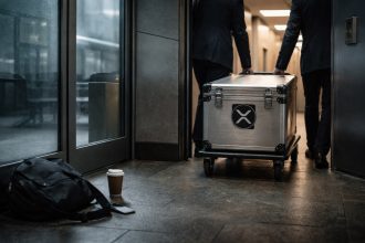 Two executives moving a secured XRP-branded case down a hallway, symbolizing a 78% collapse in XRP leverage while $1.4 billion in ETF inflows remains tied to Ripple’s expanding footprint
