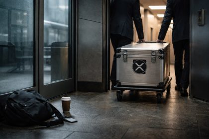 Two executives moving a secured XRP-branded case down a hallway, symbolizing a 78% collapse in XRP leverage while $1.4 billion in ETF inflows remains tied to Ripple’s expanding footprint