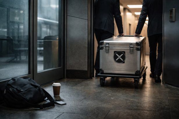 Two executives moving a secured XRP-branded case down a hallway, symbolizing a 78% collapse in XRP leverage while $1.4 billion in ETF inflows remains tied to Ripple’s expanding footprint