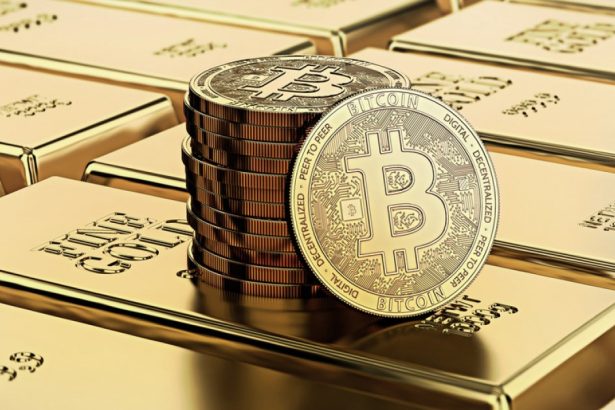 Picture of bitcoins sitting on top of a stack of gold bricks