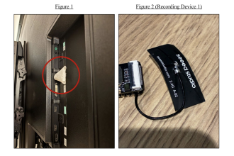 Recording Device 1 and its placement behind the conference room TV.