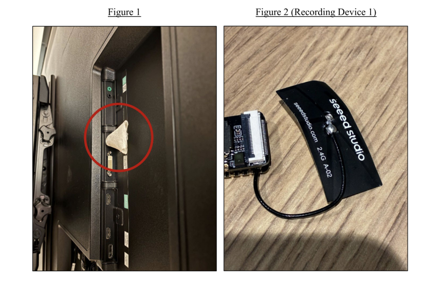 Recording Device 1 and its placement behind the conference room TV.