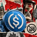 Editorial collage of a stablecoin symbol, Canadian Parliament, an hourglass, and a bank vault illustrating proposed redemption limits.