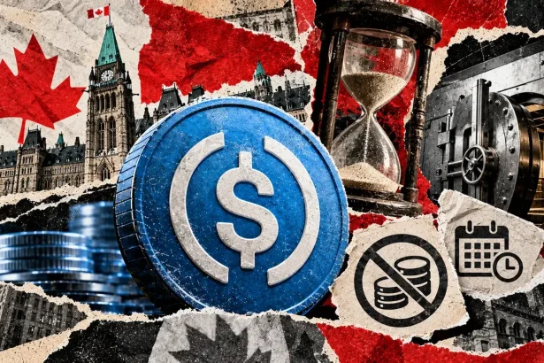 Editorial collage of a stablecoin symbol, Canadian Parliament, an hourglass, and a bank vault illustrating proposed redemption limits.